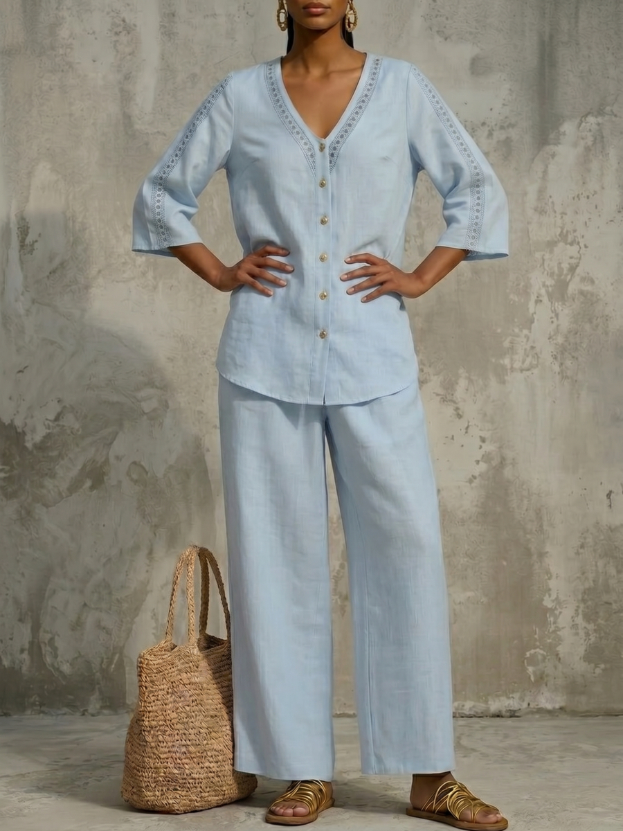 New Arrivals🔥Elegant V-Neck Hollow Lace Linen Shirt & Wide-Leg Pants Two-Piece Set