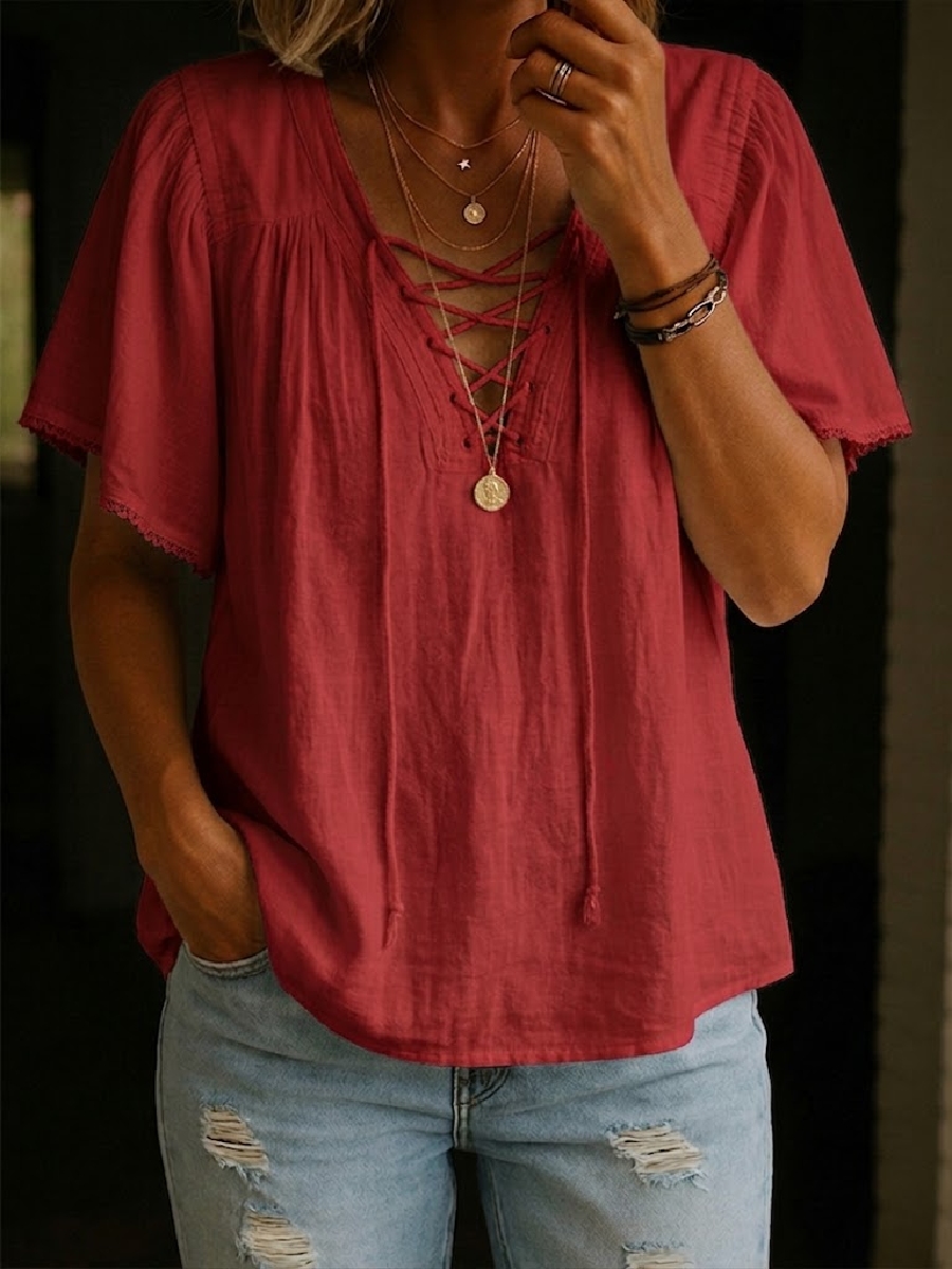 New Arrivals🔥 Casual Cotton-linen Shirt With Drawstring Neckline