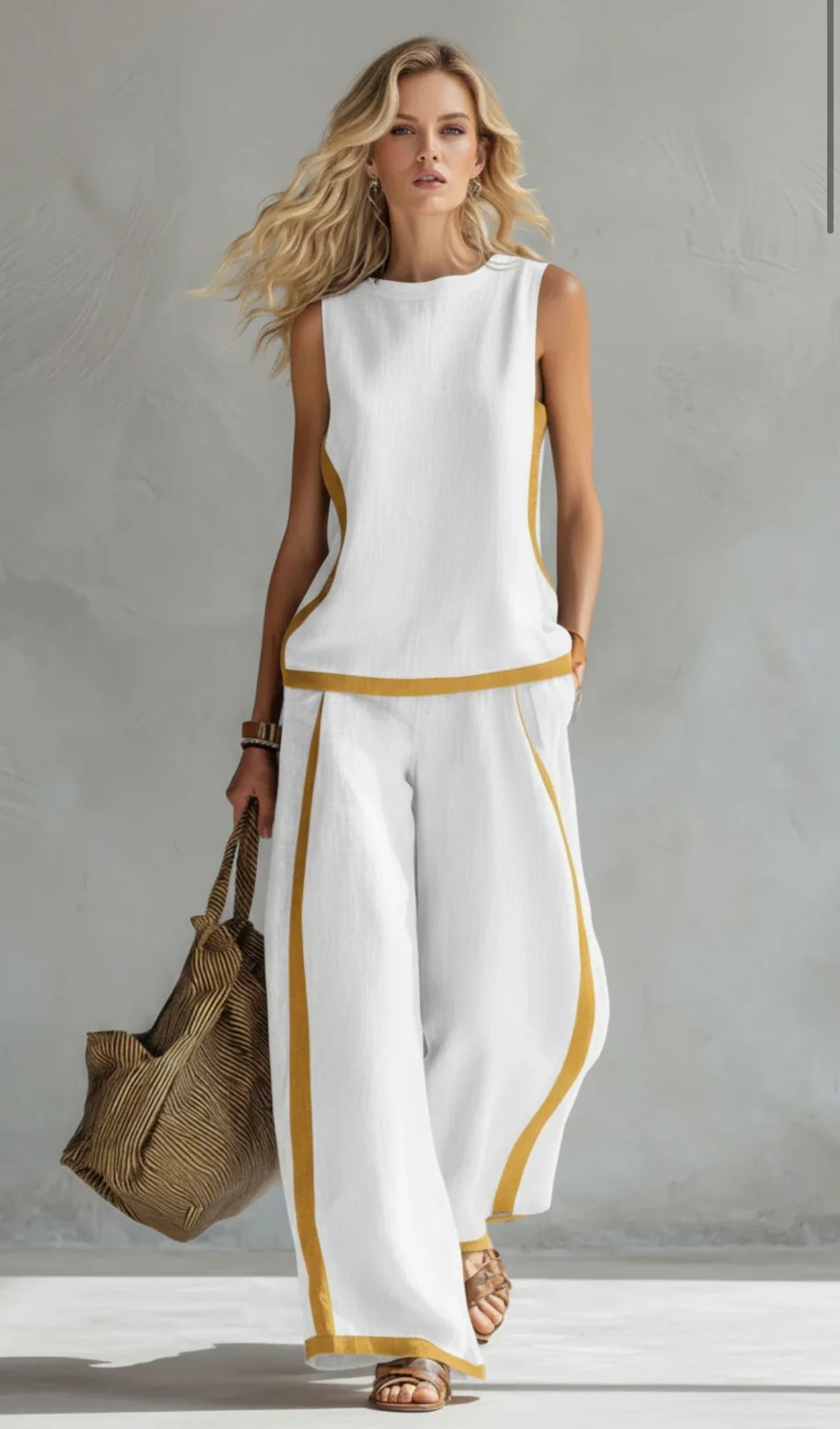 Contrast Color High Waisted Pants + Round-Neck Sleeveless Top Two Pieces Set