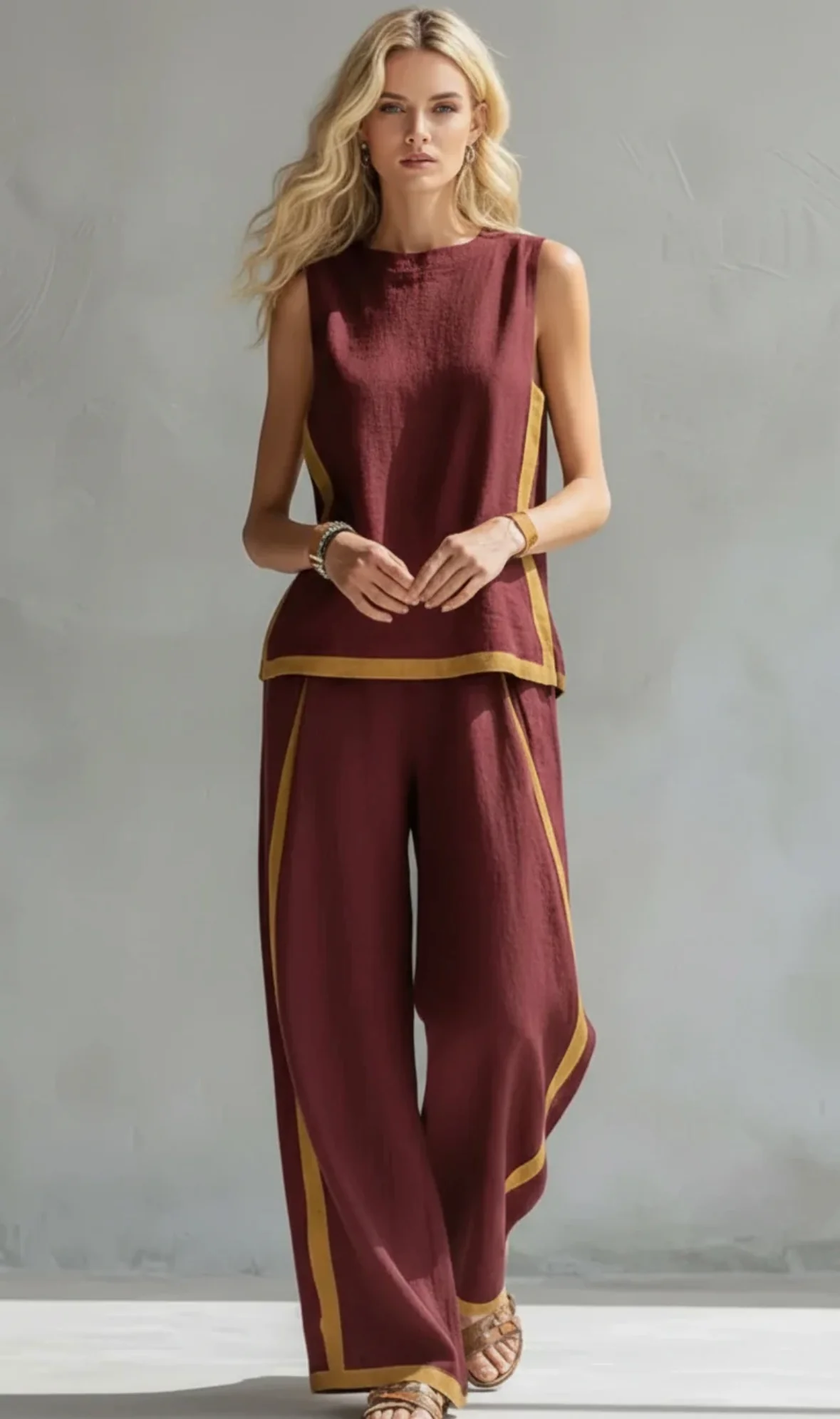 Contrast Color High Waisted Pants + Round-Neck Sleeveless Top Two Pieces Set