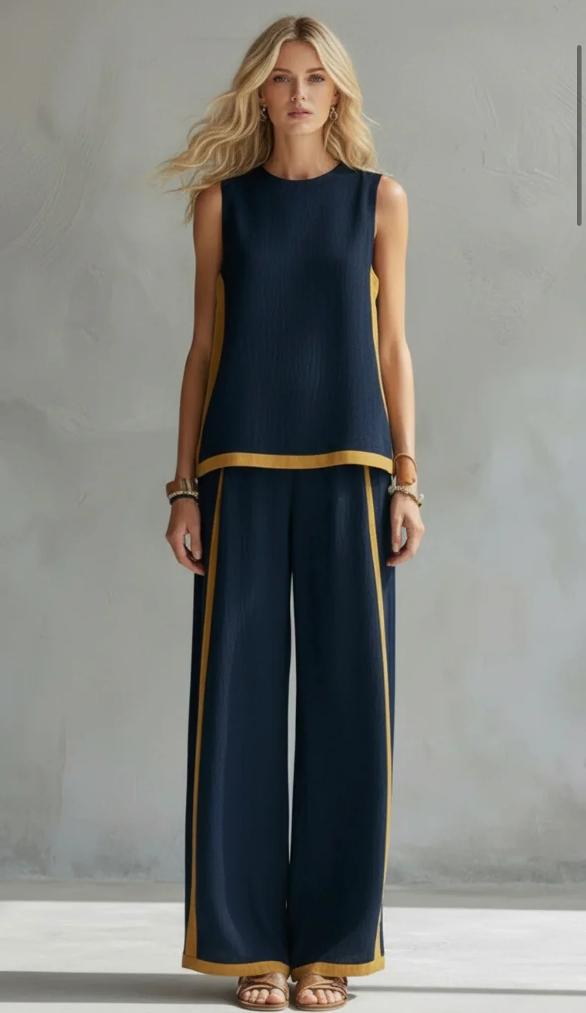 Contrast Color High Waisted Pants + Round-Neck Sleeveless Top Two Pieces Set