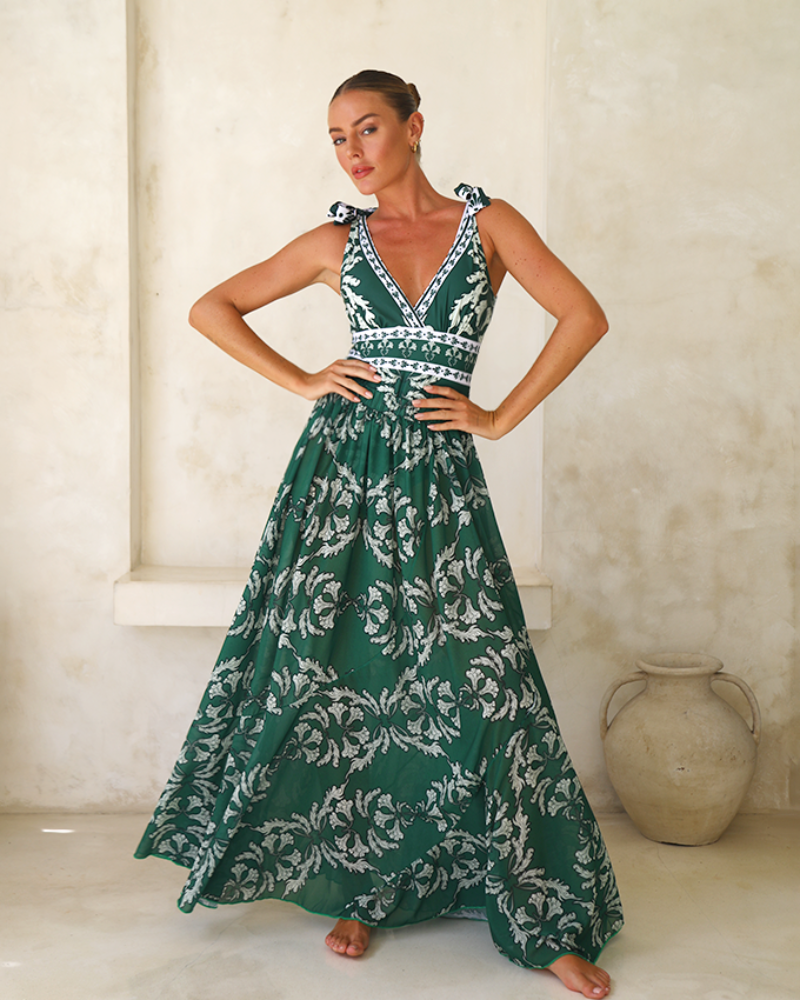 📢 Limited-time 70% off 🔥Green V Neck Lace Up Printed One Piece Swimsuit and Skirt