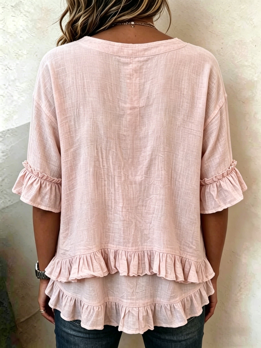 New Arrivals🔥 Women's Retro V-neck Ruffled Loose Cotton-linen Shirt