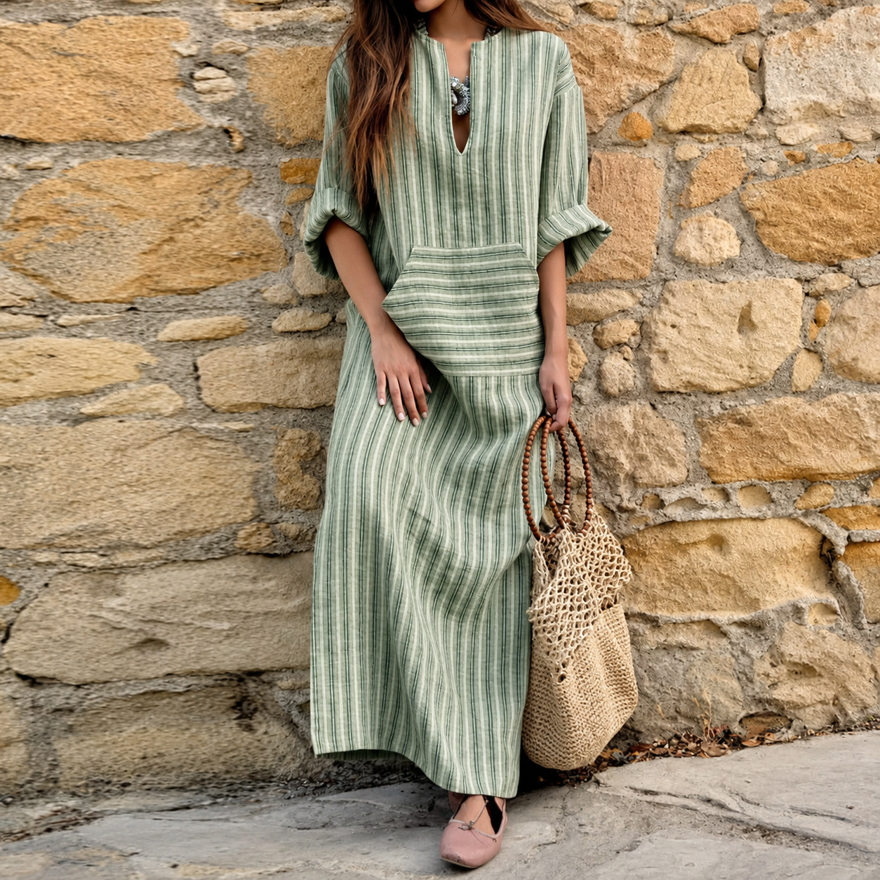 Women's Boho Striped Linen Blend Maxi Dress – Relaxed Fit Casual Vacation Kaftan