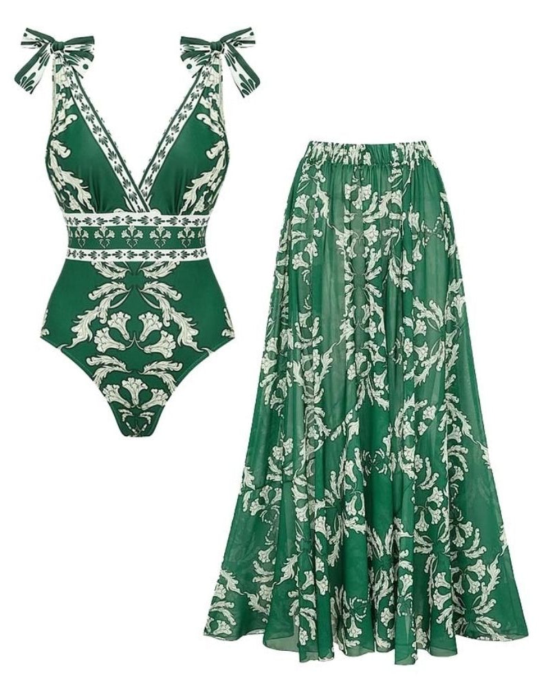 📢 Limited-time 70% off 🔥Green V Neck Lace Up Printed One Piece Swimsuit and Skirt