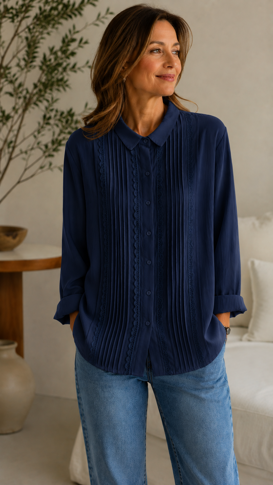 Women's Elegant Pleated Lace Button-Up Blouse – Long Sleeve Casual Loose Fit Shirt