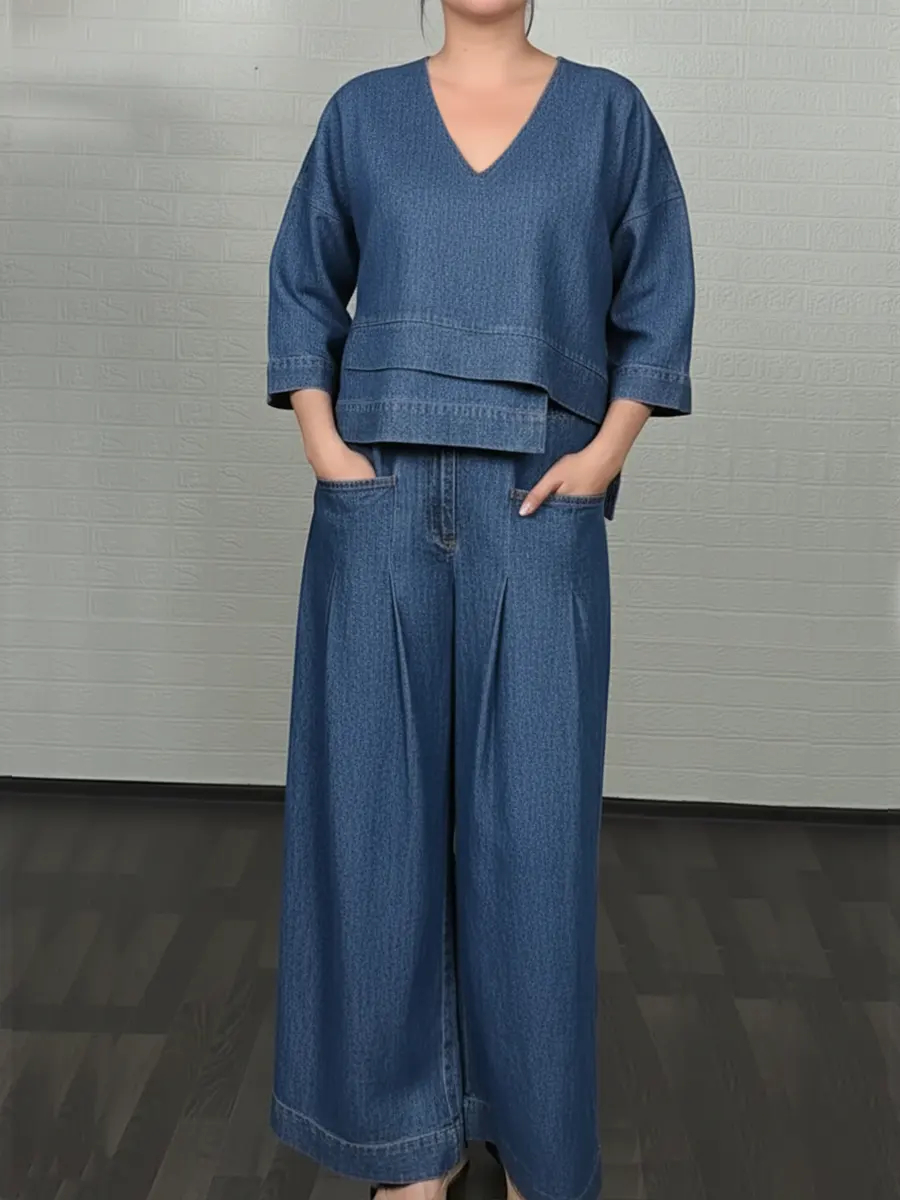 New Arrivals🔥 Women's Casual Denim Cotton Top and Pants Two-piece Set