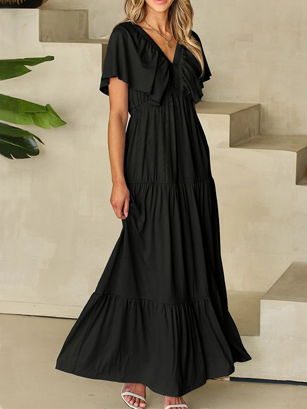🌲🔥 Ruffled V Neck Flutter Sleeve Maxi Dress