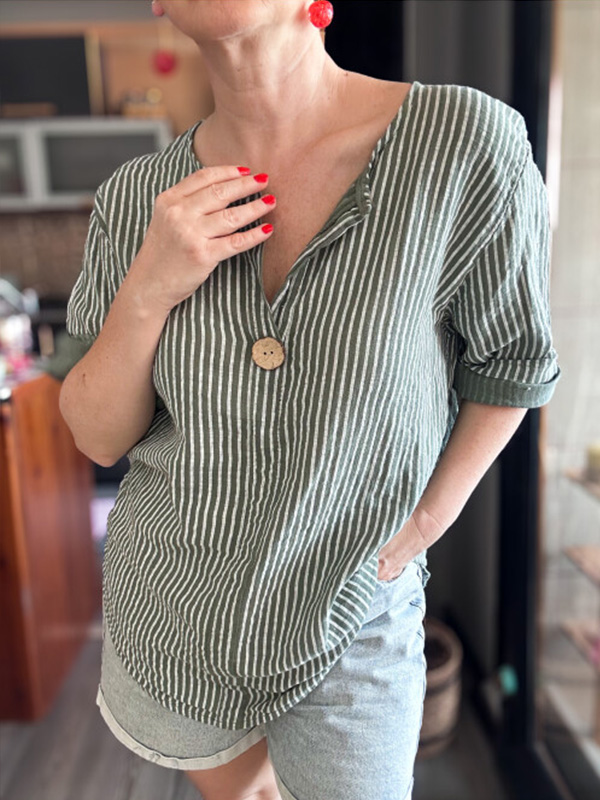 🌲🔥 Classic Striped V Neck Button Down Blouse