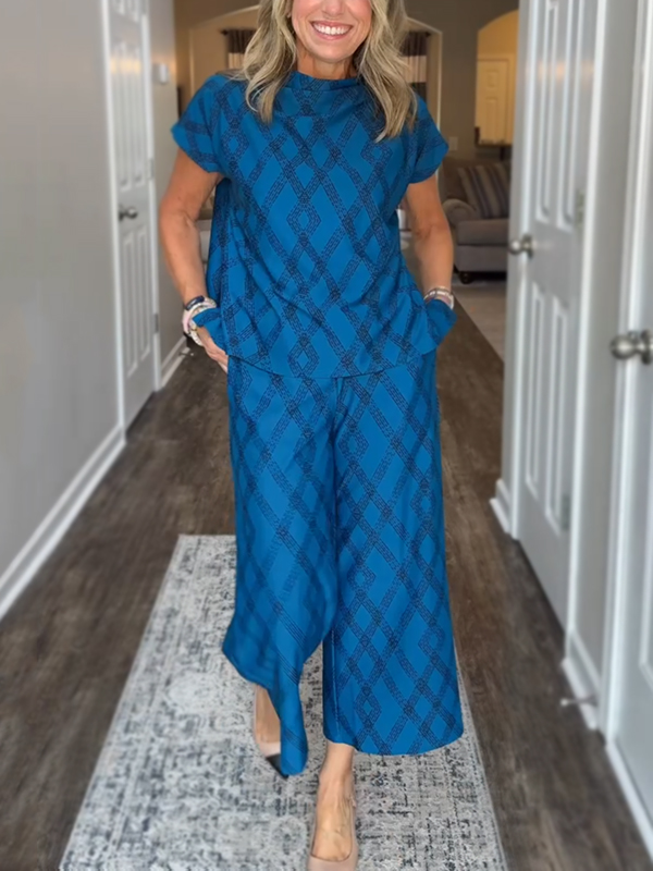 NEW🔥 Women's Round Neck Diamond Print Cozy Suit Two Piece Set