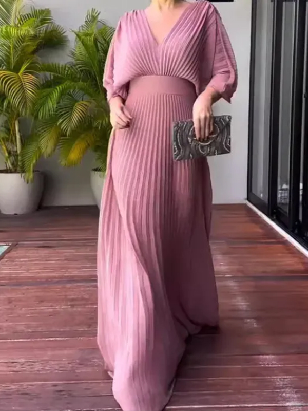 NEW🔥 V Neck Chiffon Back Tie Zipper Bat Sleeve Dress- Tax Free