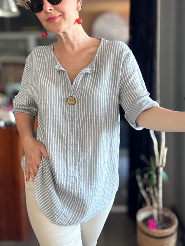 🌲🔥 Classic Striped V Neck Button Down Blouse