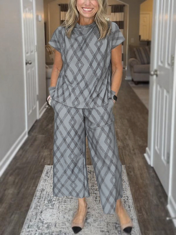 NEW🔥 Women's Round Neck Diamond Print Cozy Suit Two Piece Set