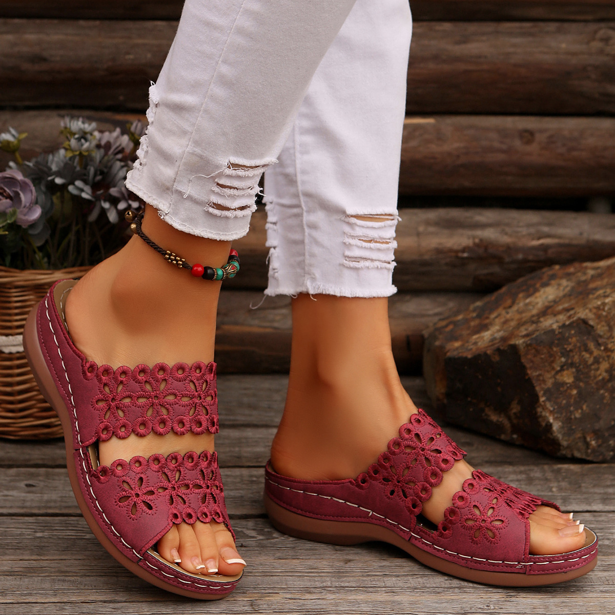 Hollow Embroidery Platform Slides with Built-In Arch Support & Slip On Convenience