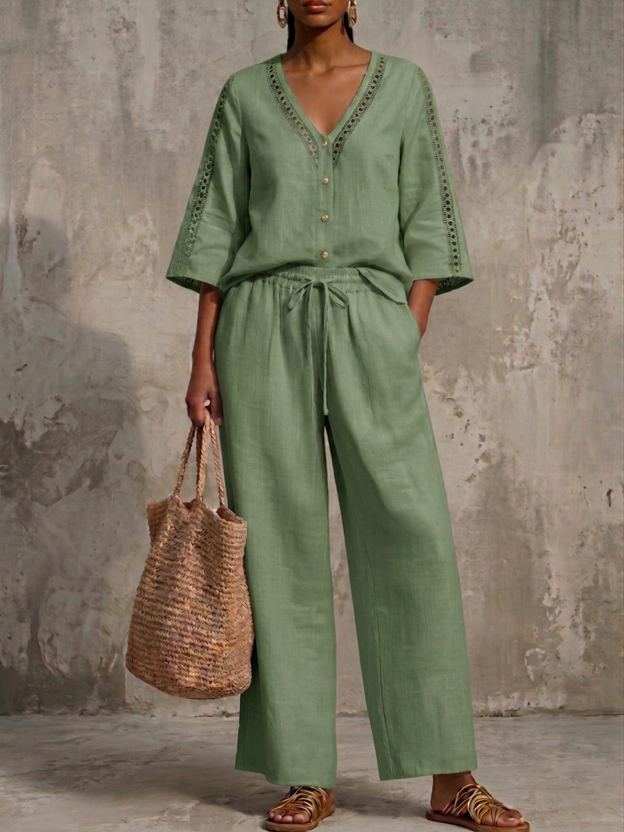 New Arrivals🔥Elegant V-Neck Hollow Lace Linen Shirt & Wide-Leg Pants Two-Piece Set
