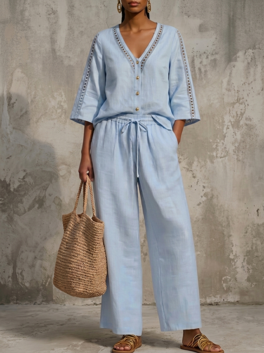New Arrivals🔥Elegant V-Neck Hollow Lace Linen Shirt & Wide-Leg Pants Two-Piece Set