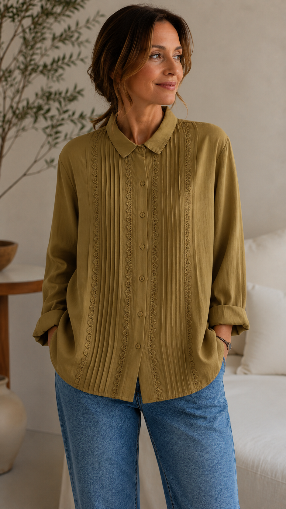 Women's Elegant Pleated Lace Button-Up Blouse – Long Sleeve Casual Loose Fit Shirt