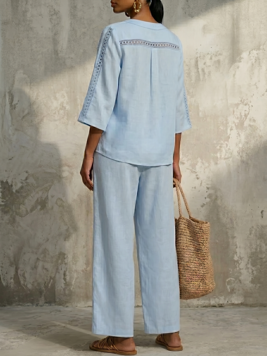 New Arrivals🔥Elegant V-Neck Hollow Lace Linen Shirt & Wide-Leg Pants Two-Piece Set