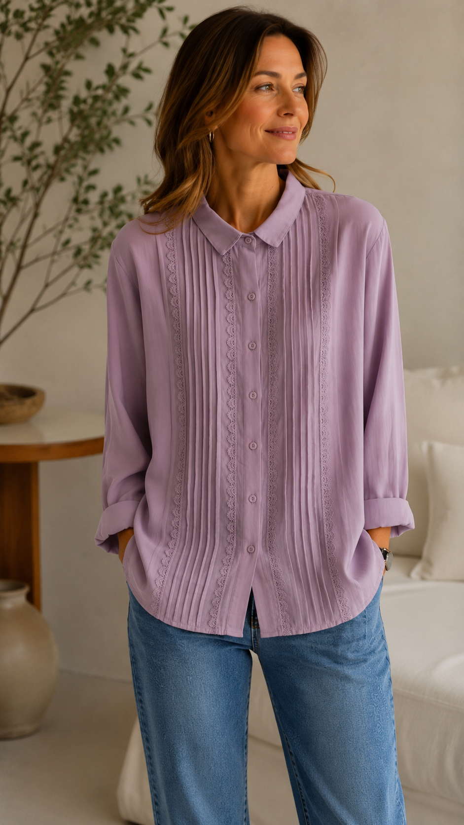 Women's Elegant Pleated Lace Button-Up Blouse – Long Sleeve Casual Loose Fit Shirt