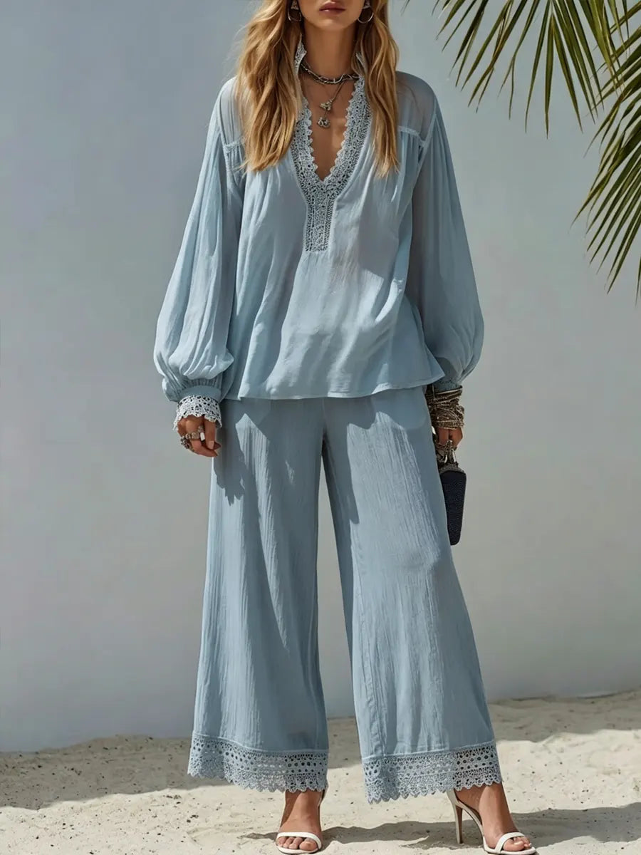 New Arrivals🔥 Women's Simple Lace-trim Cotton And Linen Set
