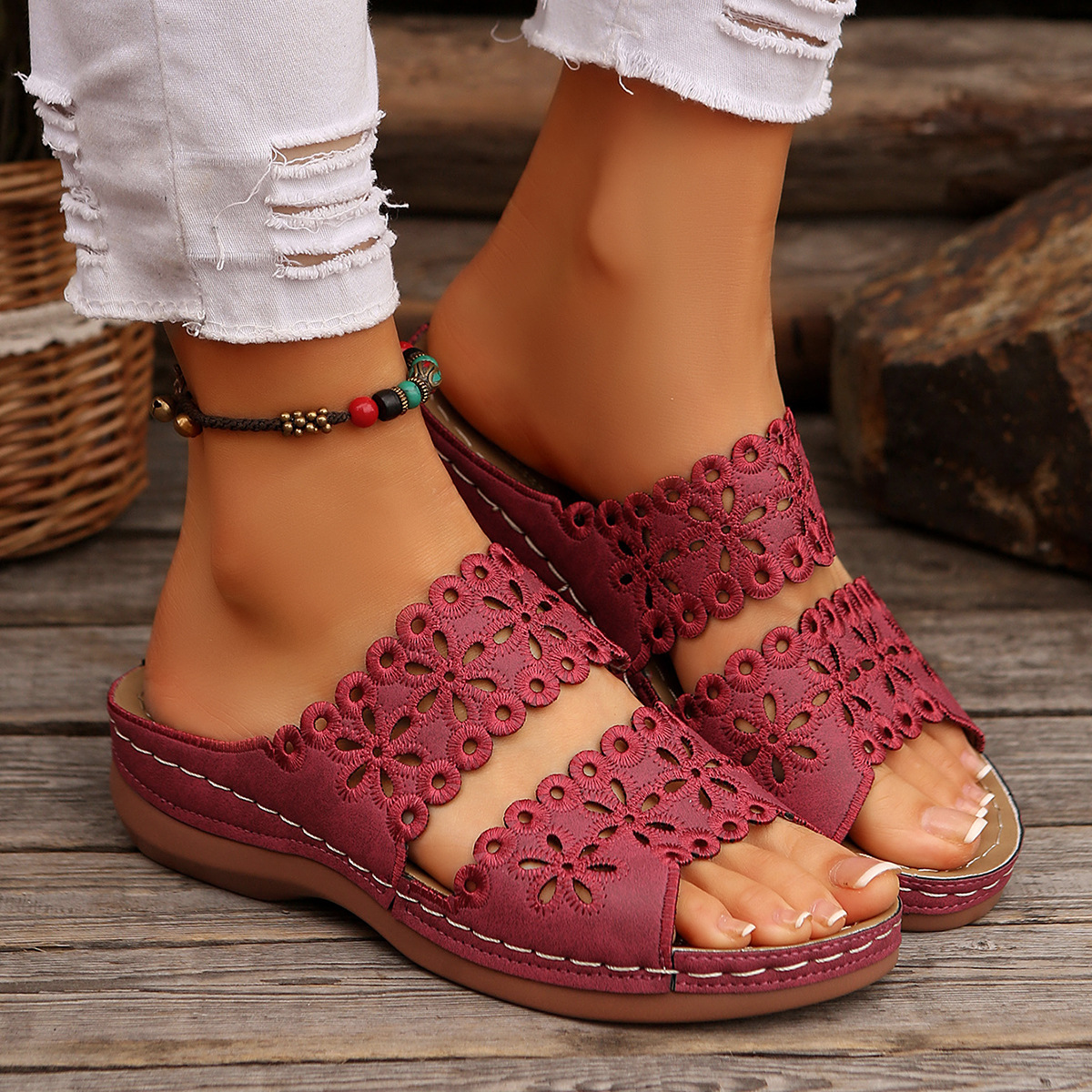 Hollow Embroidery Platform Slides with Built-In Arch Support & Slip On Convenience