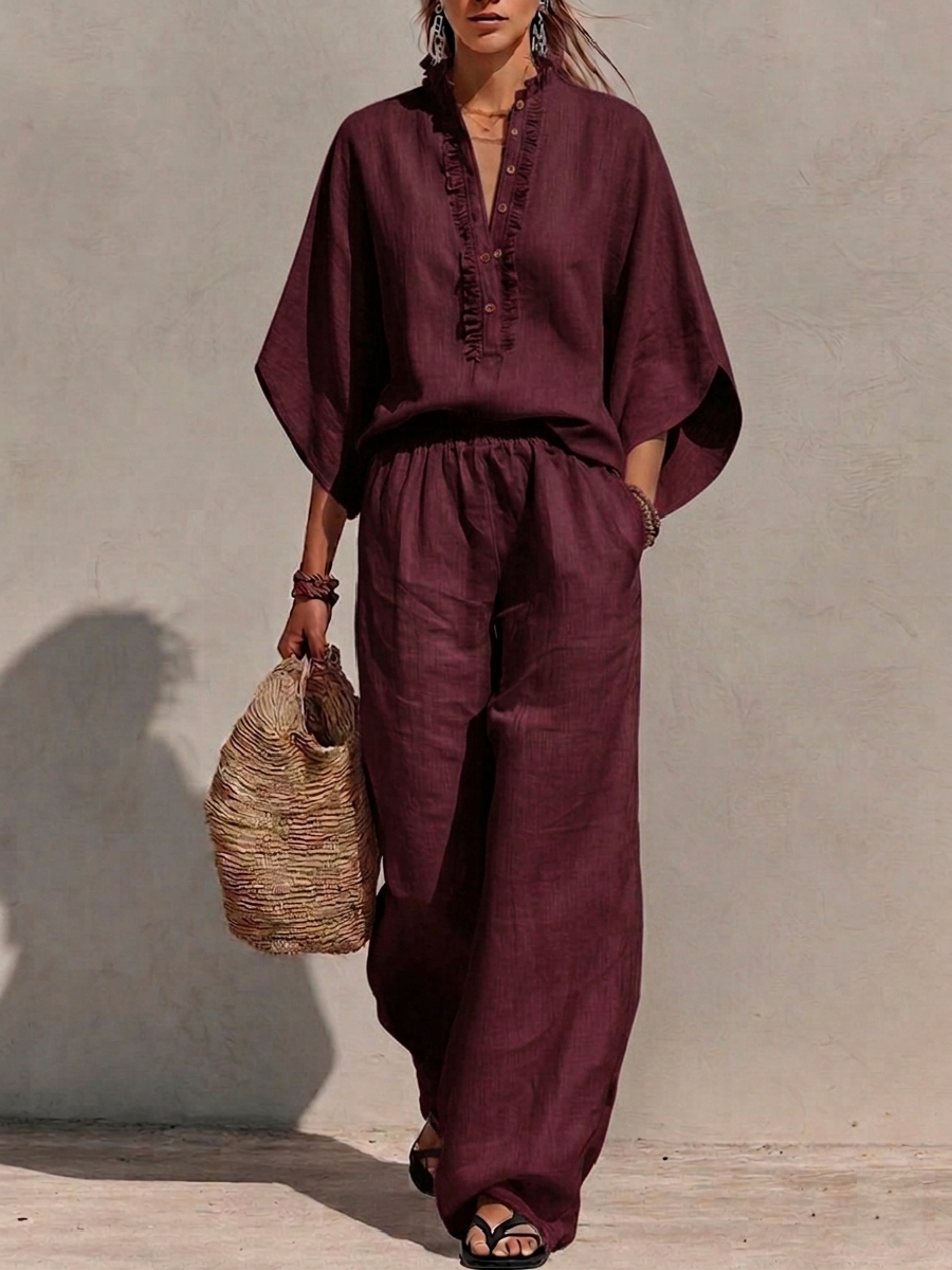 New Arrivals🔥Women's Solid-color Stand-collar 3/4-sleeve Loose-fit Top & High-waisted Wide-leg Pants Cotton-linen Casual Set