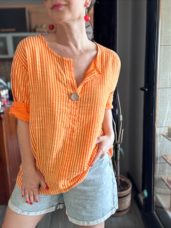🌲🔥 Classic Striped V Neck Button Down Blouse