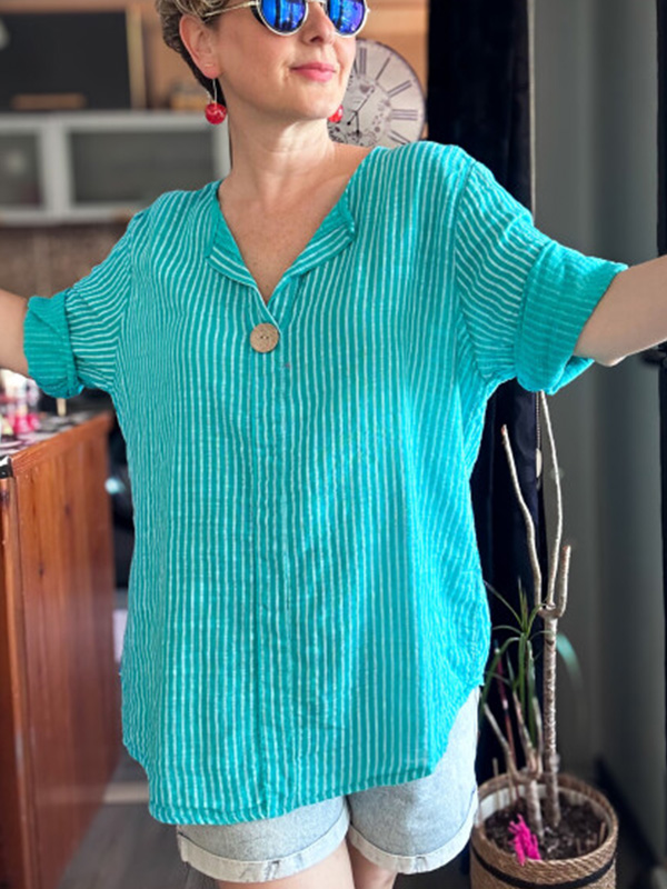 🌲🔥 Classic Striped V Neck Button Down Blouse