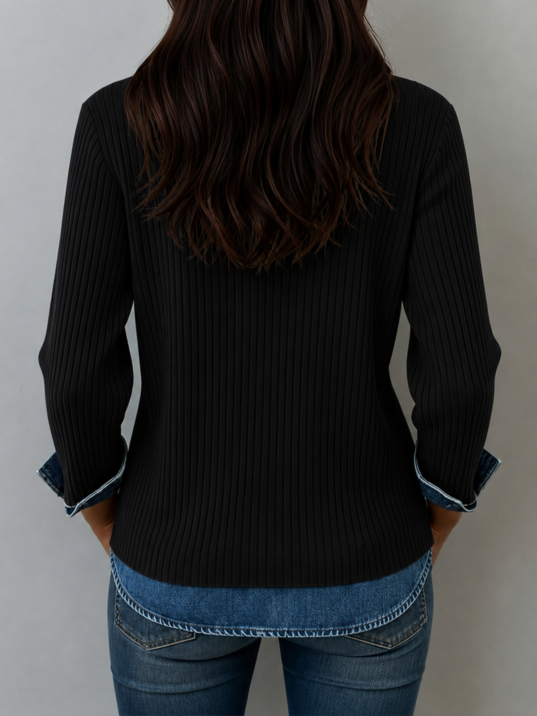 Elegant Patchwork Denim Style Knit Top Comfort Fit Mixed Media Sweater Casual Long Sleeve Pullover