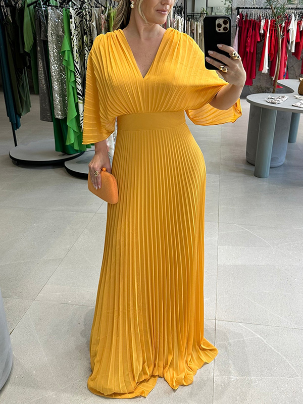 NEW🔥 V Neck Chiffon Back Tie Zipper Bat Sleeve Dress- Tax Free