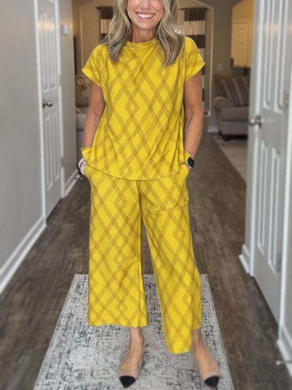 NEW🔥 Women's Round Neck Diamond Print Cozy Suit Two Piece Set