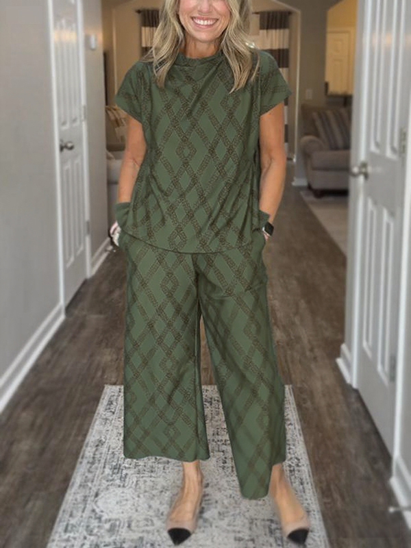 NEW🔥 Women's Round Neck Diamond Print Cozy Suit Two Piece Set