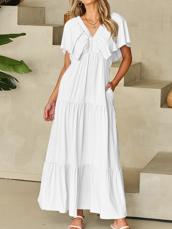 🌲🔥 Ruffled V Neck Flutter Sleeve Maxi Dress