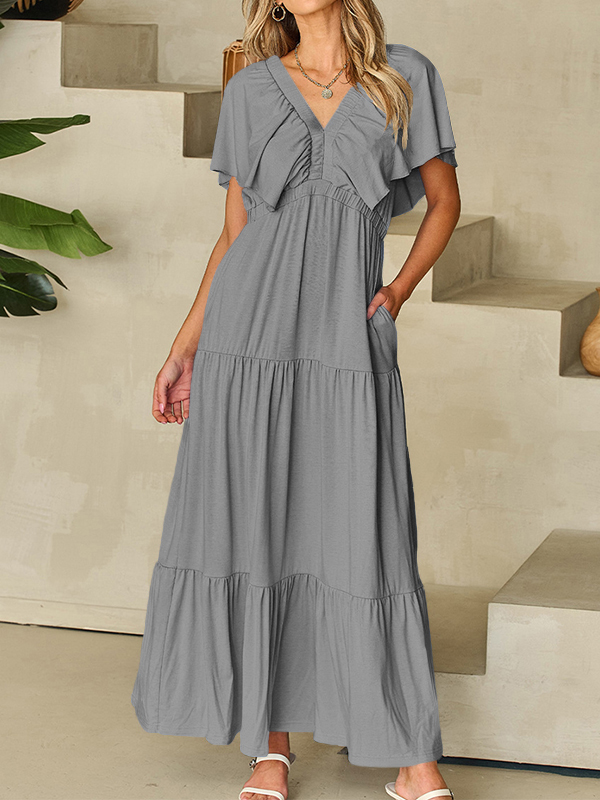 🌲🔥 Ruffled V Neck Flutter Sleeve Maxi Dress