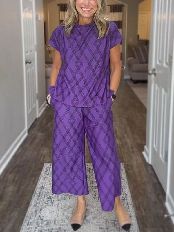 NEW🔥 Women's Round Neck Diamond Print Cozy Suit Two Piece Set