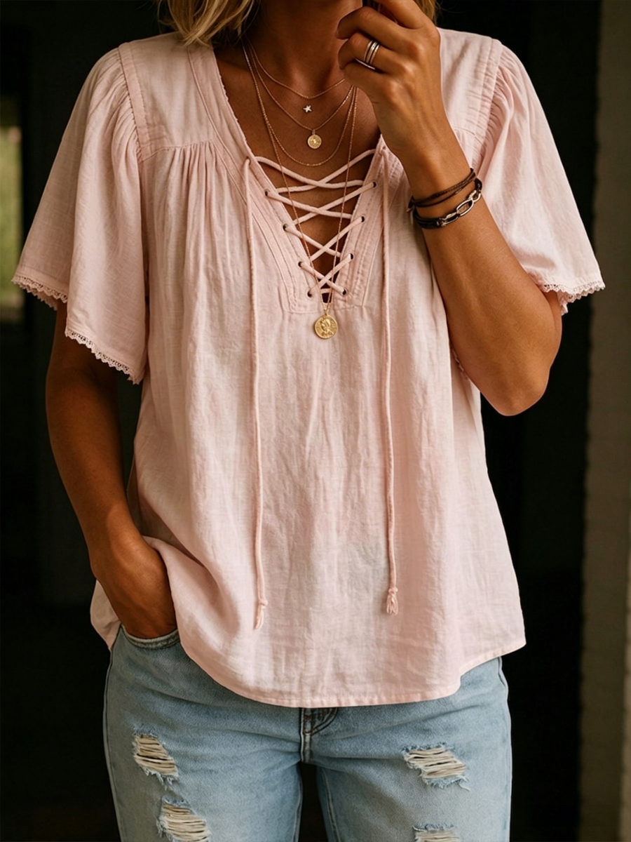 New Arrivals🔥 Casual Cotton-linen Shirt With Drawstring Neckline
