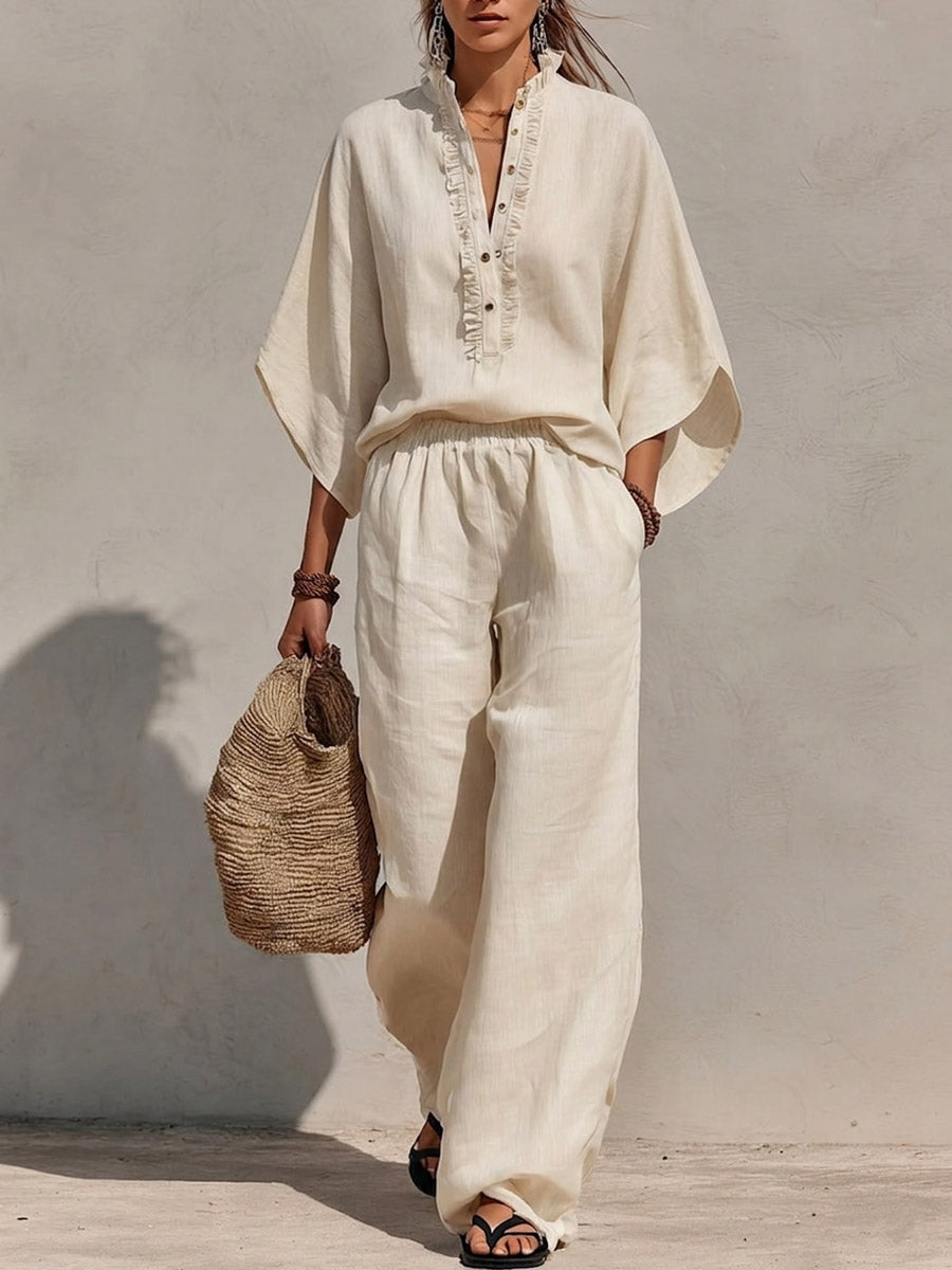 New Arrivals🔥Women's Solid-color Stand-collar 3/4-sleeve Loose-fit Top & High-waisted Wide-leg Pants Cotton-linen Casual Set