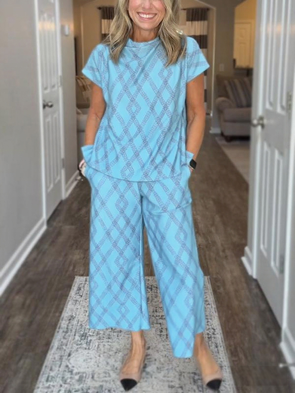 NEW🔥 Women's Round Neck Diamond Print Cozy Suit Two Piece Set