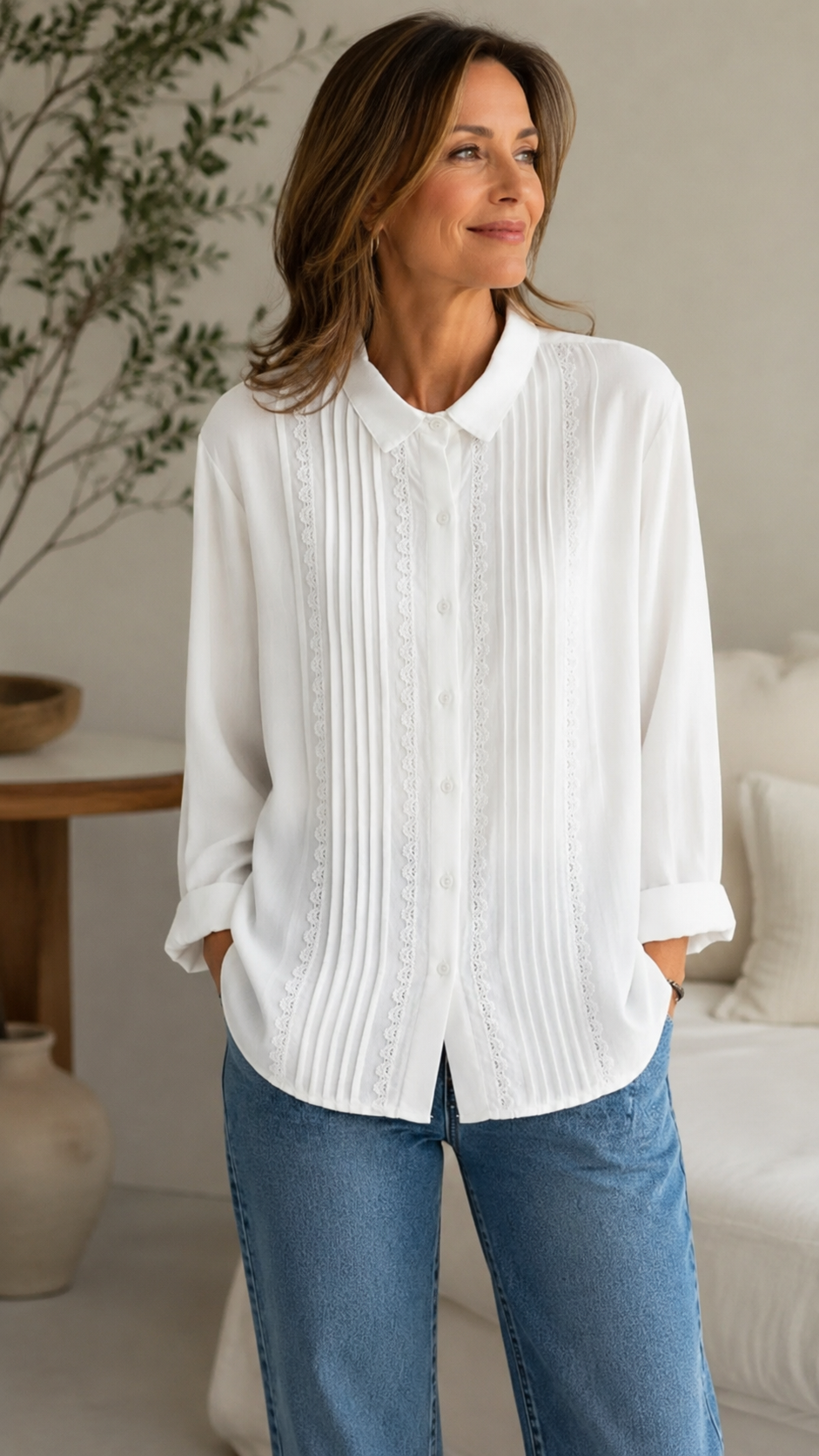 Women's Elegant Pleated Lace Button-Up Blouse – Long Sleeve Casual Loose Fit Shirt
