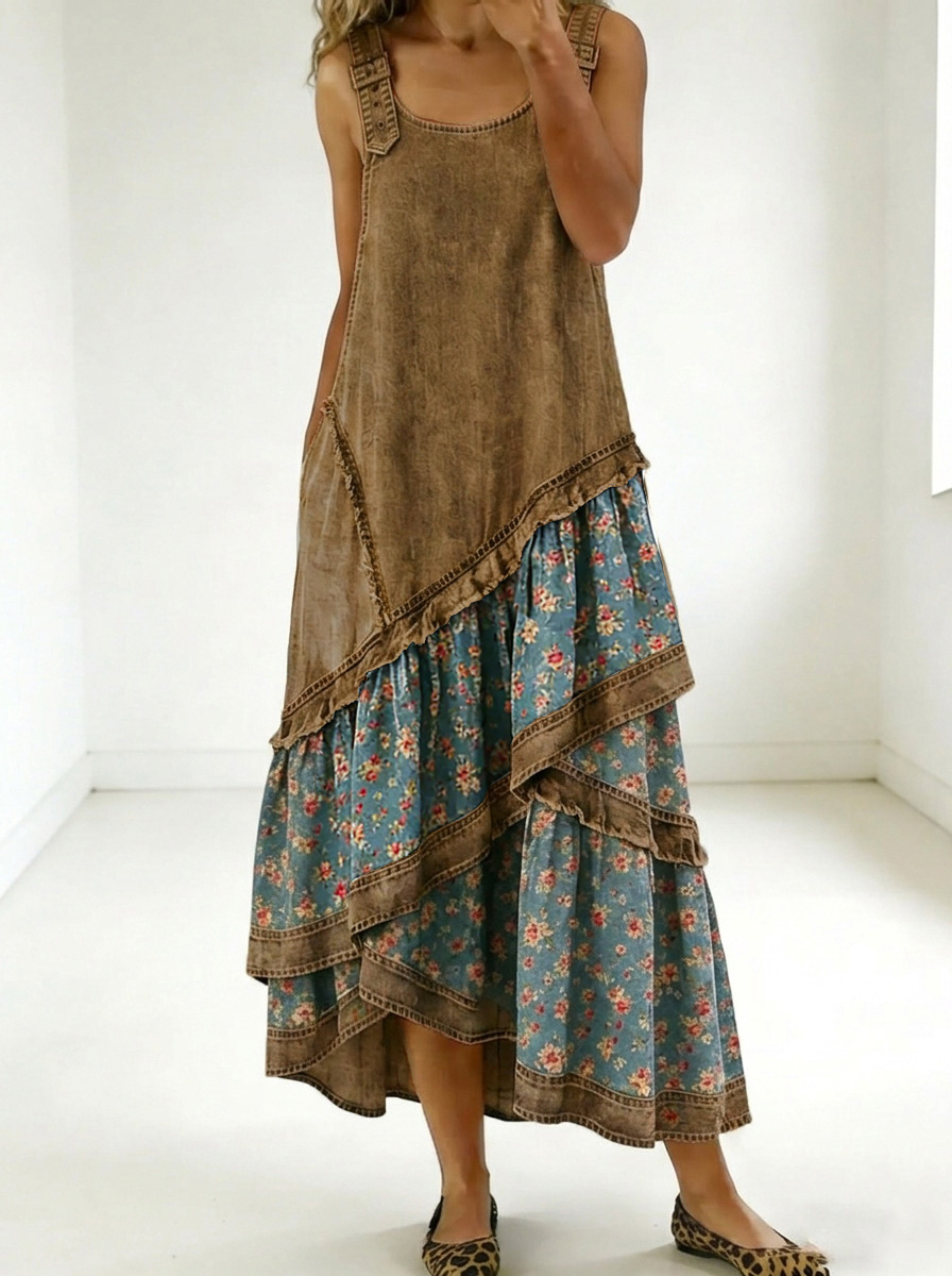 New Arrivals🔥 Women's Fashion Floral Denim Design Sleeveless Multi-layered Ruffled Strap Dress