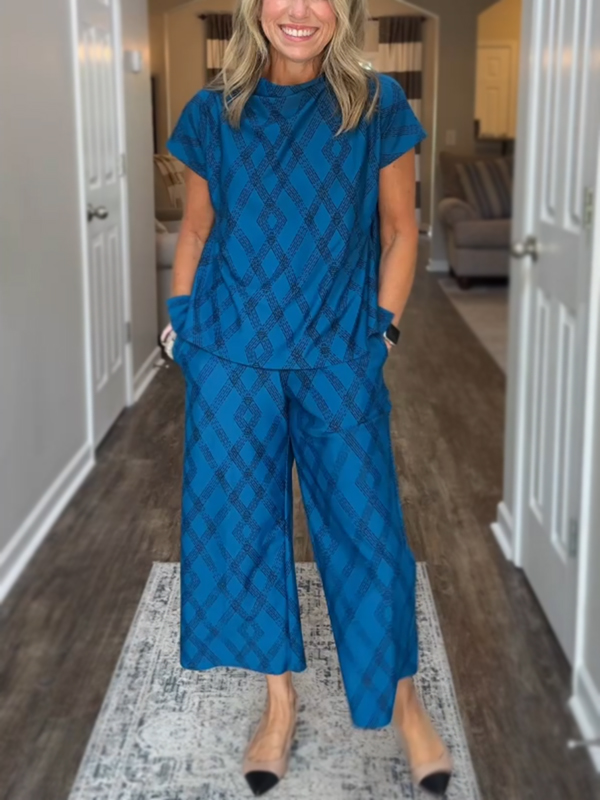 NEW🔥 Women's Round Neck Diamond Print Cozy Suit Two Piece Set