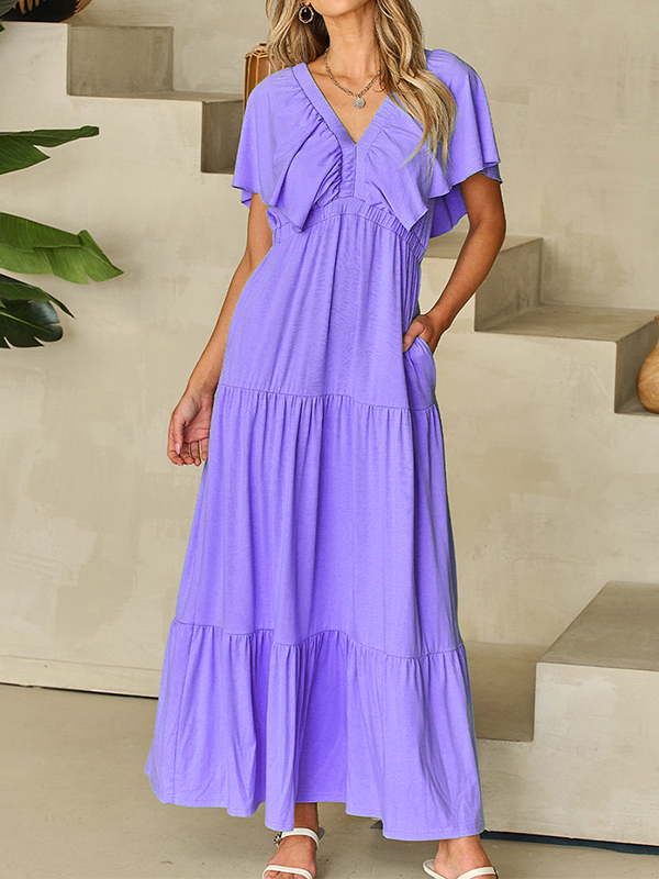🌲🔥 Ruffled V Neck Flutter Sleeve Maxi Dress