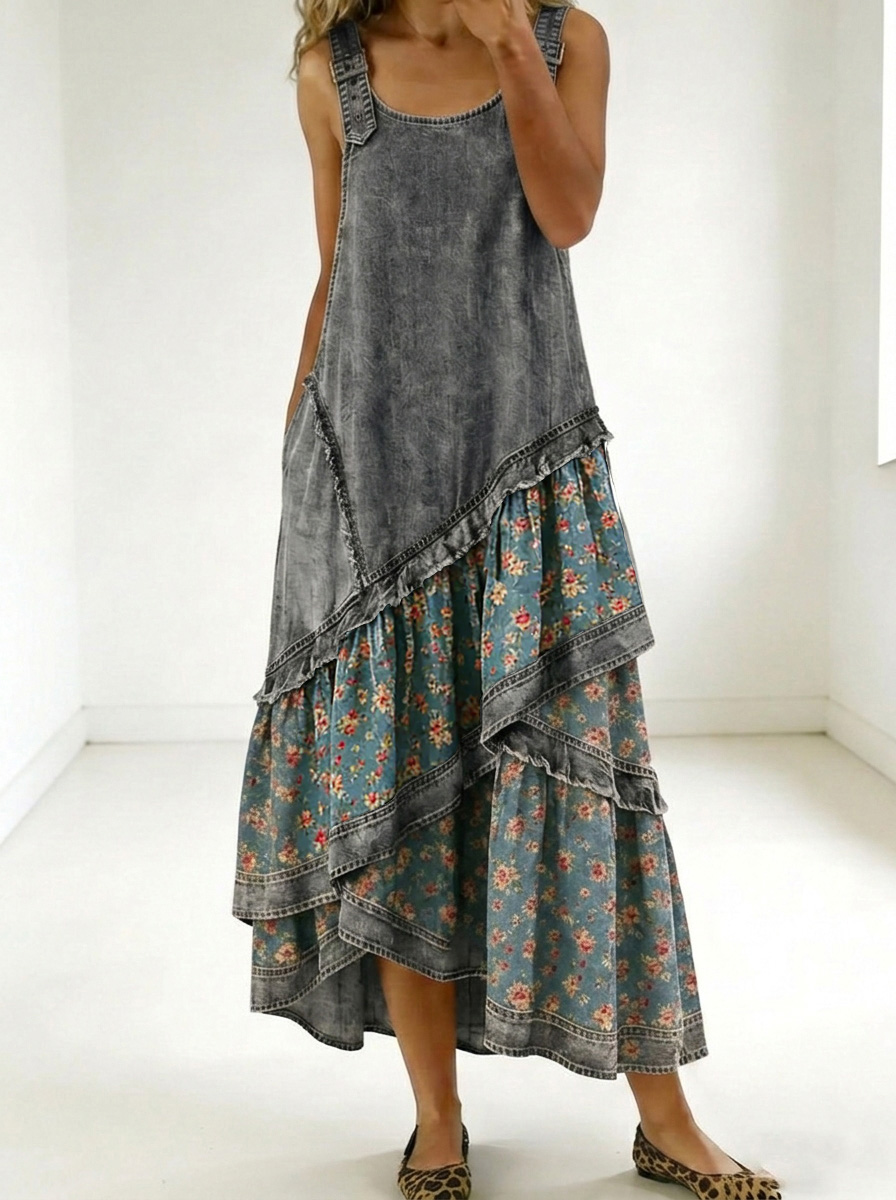 New Arrivals🔥 Women's Fashion Floral Denim Design Sleeveless Multi-layered Ruffled Strap Dress