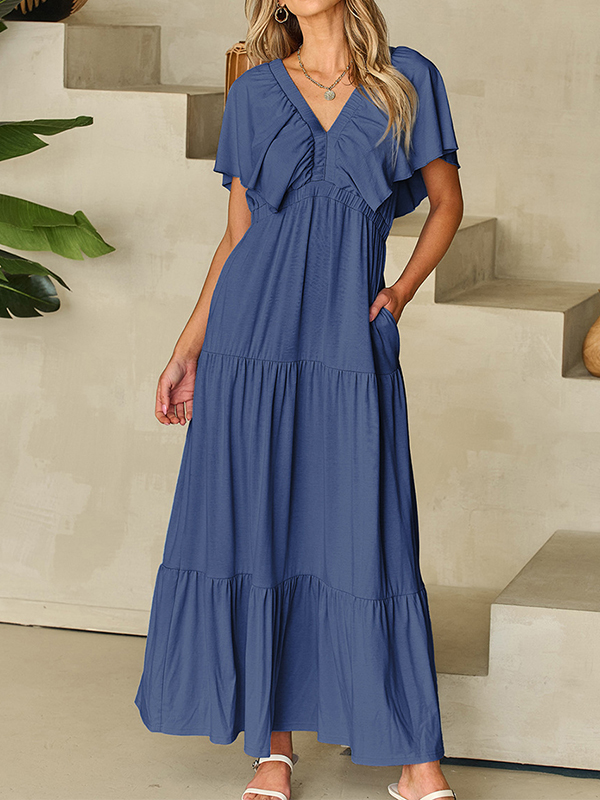 🌲🔥 Ruffled V Neck Flutter Sleeve Maxi Dress