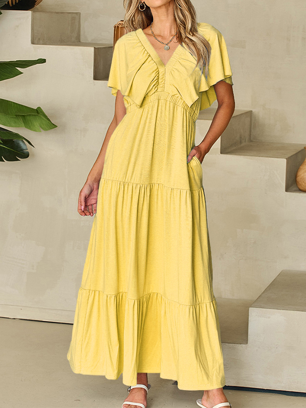 🌲🔥 Ruffled V Neck Flutter Sleeve Maxi Dress
