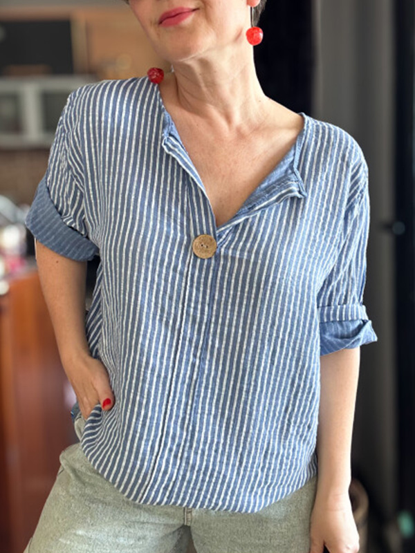 🌲🔥 Classic Striped V Neck Button Down Blouse