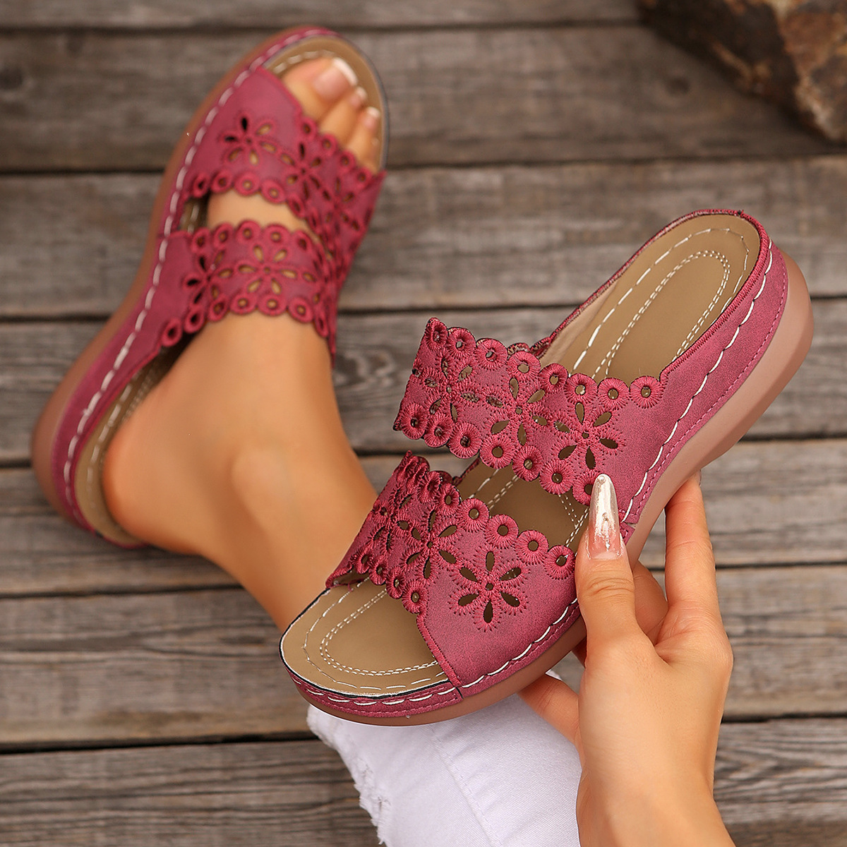 Hollow Embroidery Platform Slides with Built-In Arch Support & Slip On Convenience