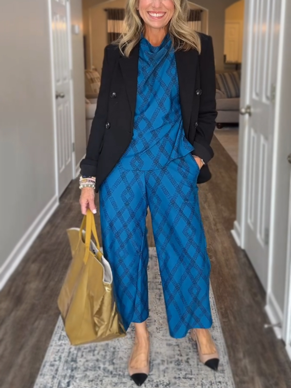 NEW🔥 Women's Round Neck Diamond Print Cozy Suit Two Piece Set