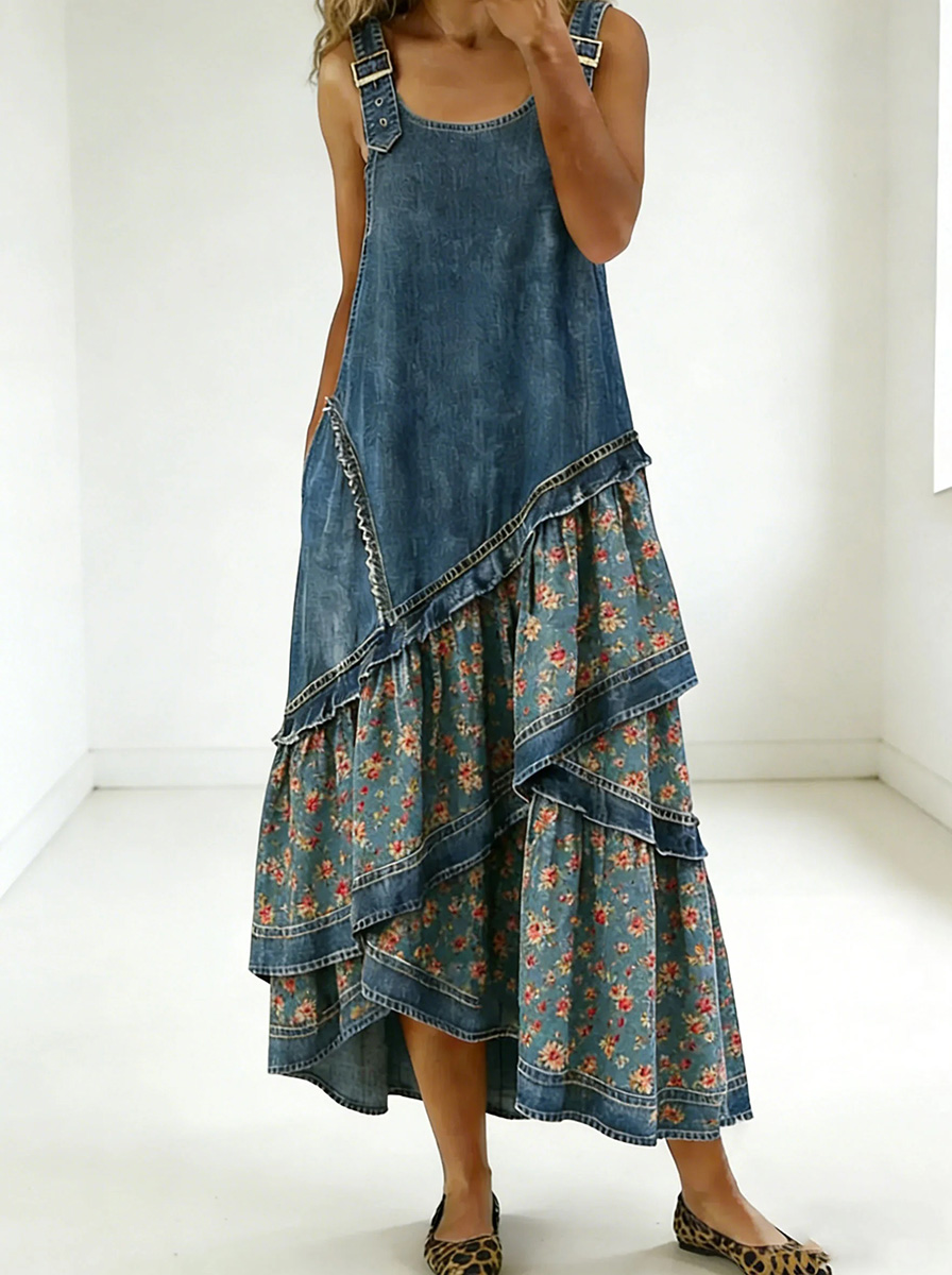 New Arrivals🔥 Women's Fashion Floral Denim Design Sleeveless Multi-layered Ruffled Strap Dress