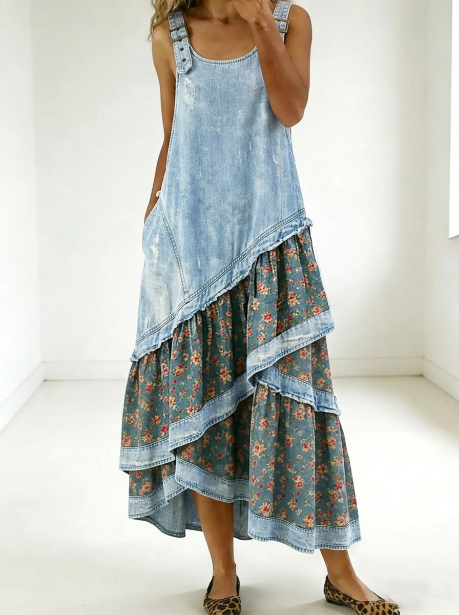 New Arrivals🔥 Women's Fashion Floral Denim Design Sleeveless Multi-layered Ruffled Strap Dress